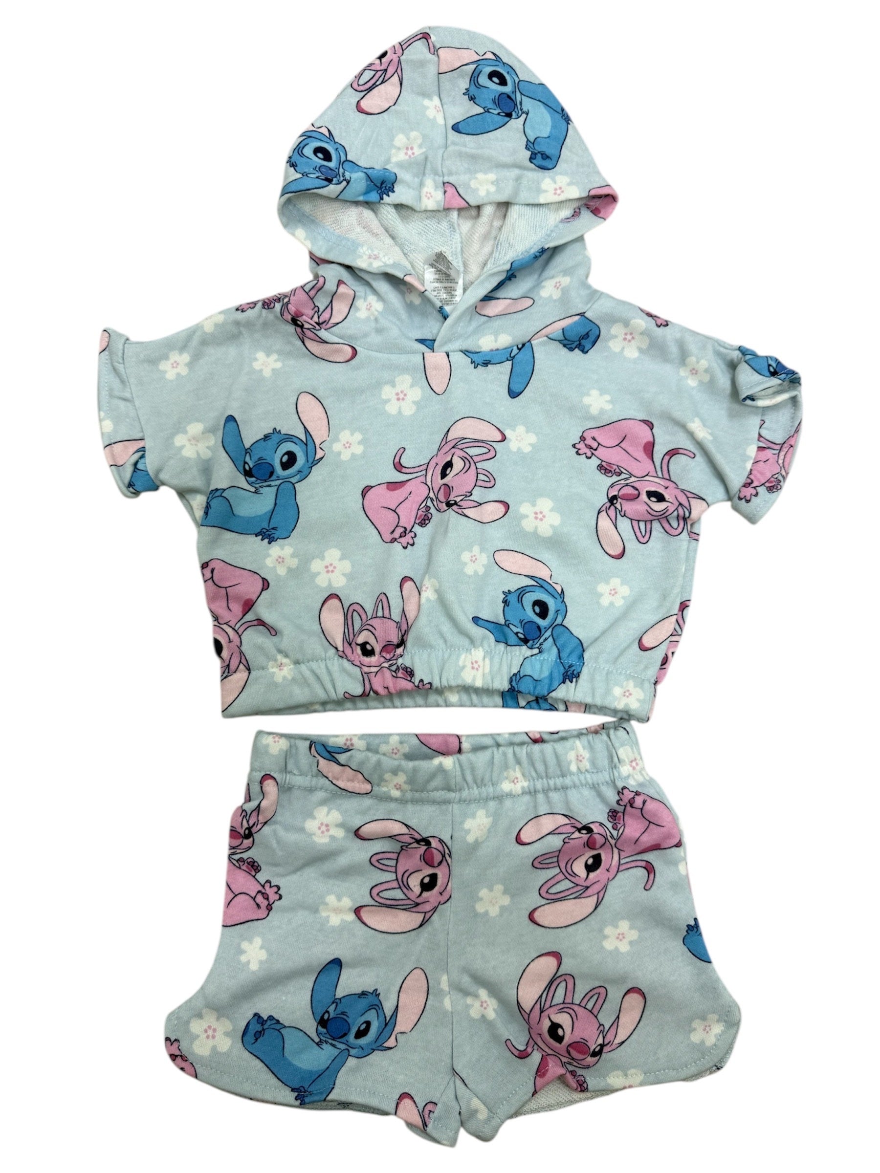 Disney Stitch & Angel All Over Hooded Baby Girls 2pc Short Set