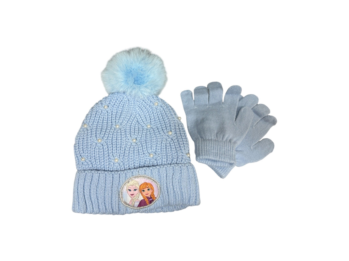 Disney Girls Frozen Patch Winter Faux Fur Hat & Gloves - Pearl