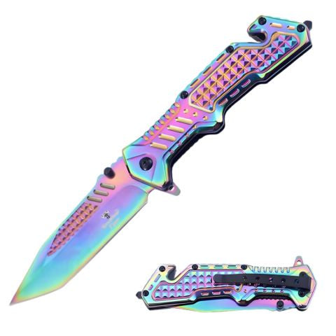 Tactical Heavy Duty Spring Assist Rescue Style Pocket Rainbow Knife
