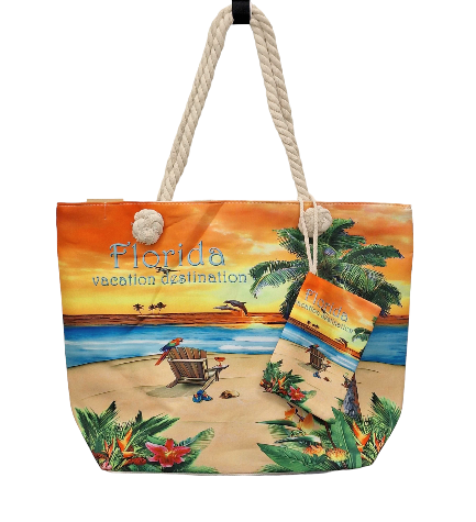 Florida Vacation Destination Large Beach Bag w/Pouch