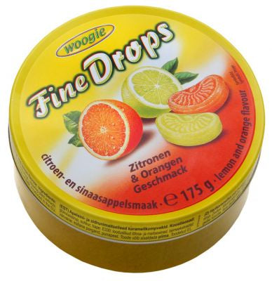 Woogie Lemon And Orange Drop Sanded Candies 175g tin