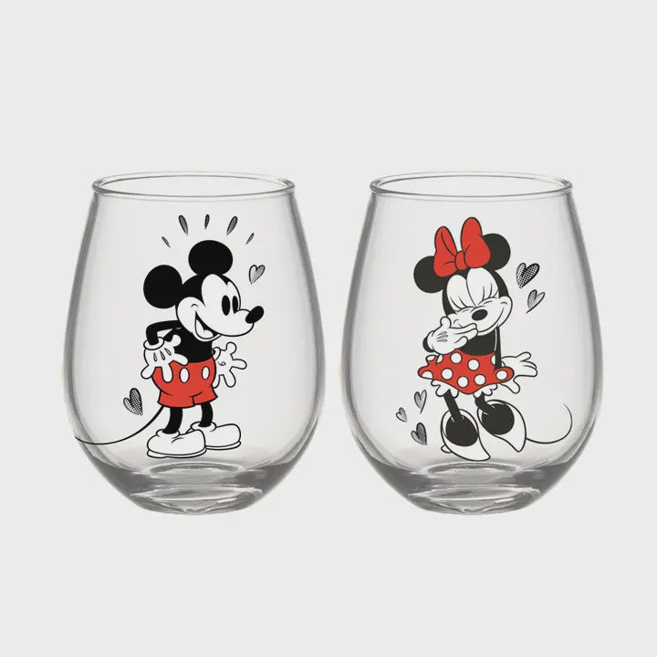 Disney Mickey and Minnie Boxed 2pc 20oz Stemless Glass Set