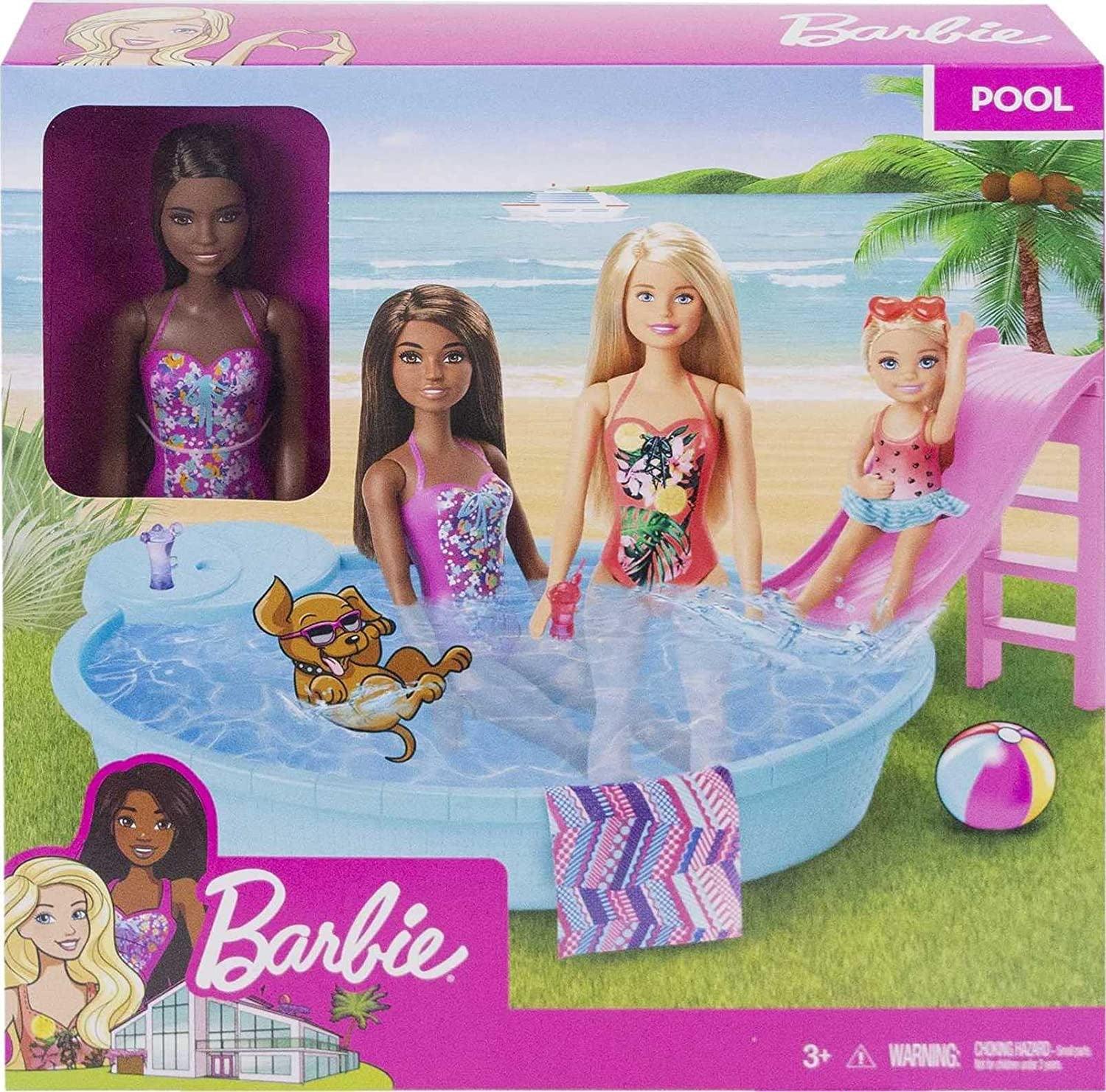 Barbie Brunette, and Pool Playset with Slide and Accessories