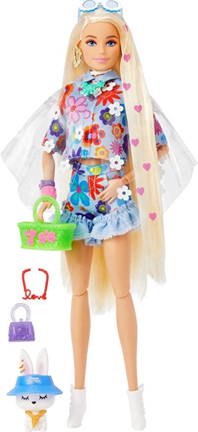 Barbie Extra Fashion Doll with Blonde Hair Dressed in Floral 2-Piece Outfit with Accessories & Pet
