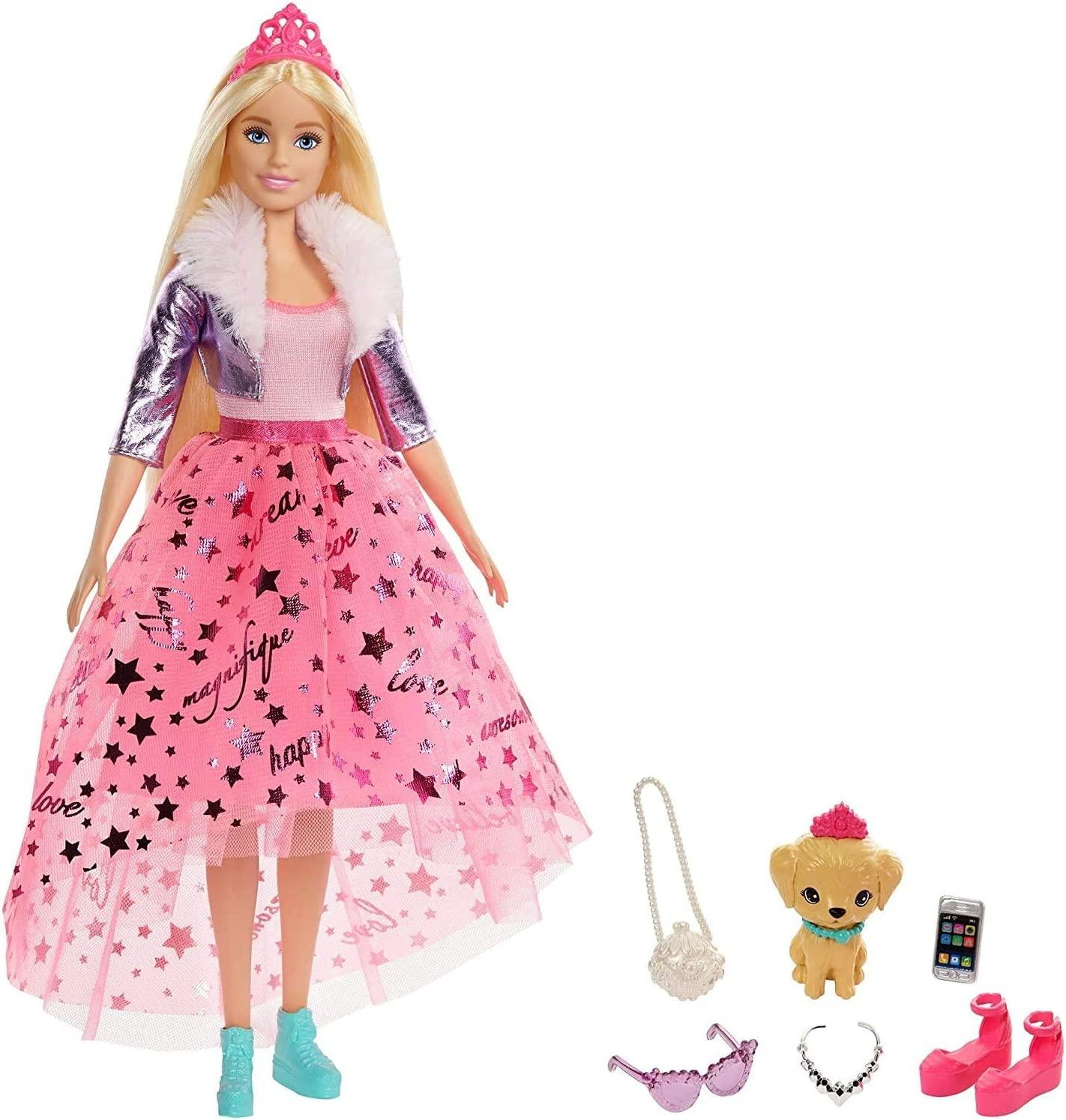 Barbie Princess Adventure Doll in Princess Fashion (12-in Blonde) Barbie Doll with Pet Puppy, 2 Pairs of Shoes, Tiara and 4 Accessories, for 3 to 7 Year Olds