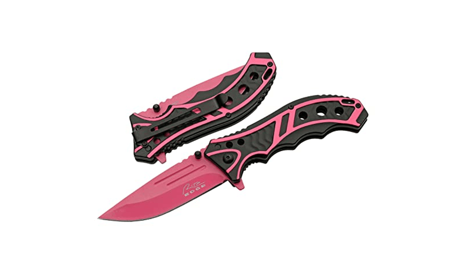 Caution Pink Open Folding Knife With Pocket Clip 4.75"