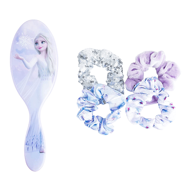 Disney Frozen 2 Anna & Elsa Hair Accessory 5 Pcs Set 1 Large Elsa Hair Brush For Girls + 4 Elsa Scrunchies For Kids
