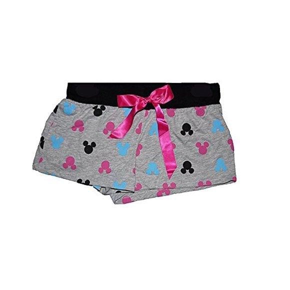 Disney Gray Pajama Boxer Shorts with Colorful Mickey Mouse Heads and Black Satin Bow