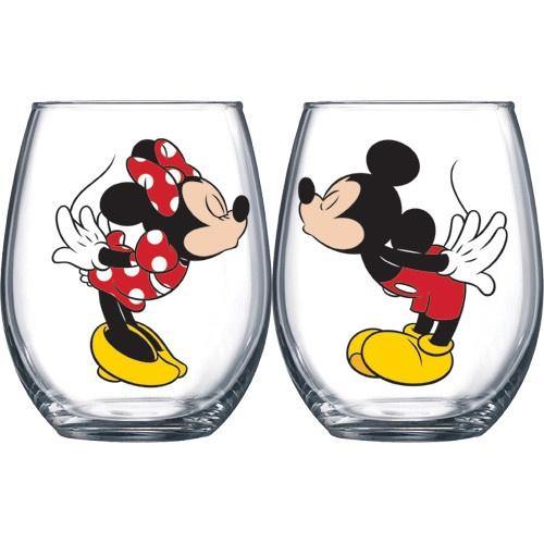 Disney Mickey Kissing Minnie Stemless Glass 2pc Set