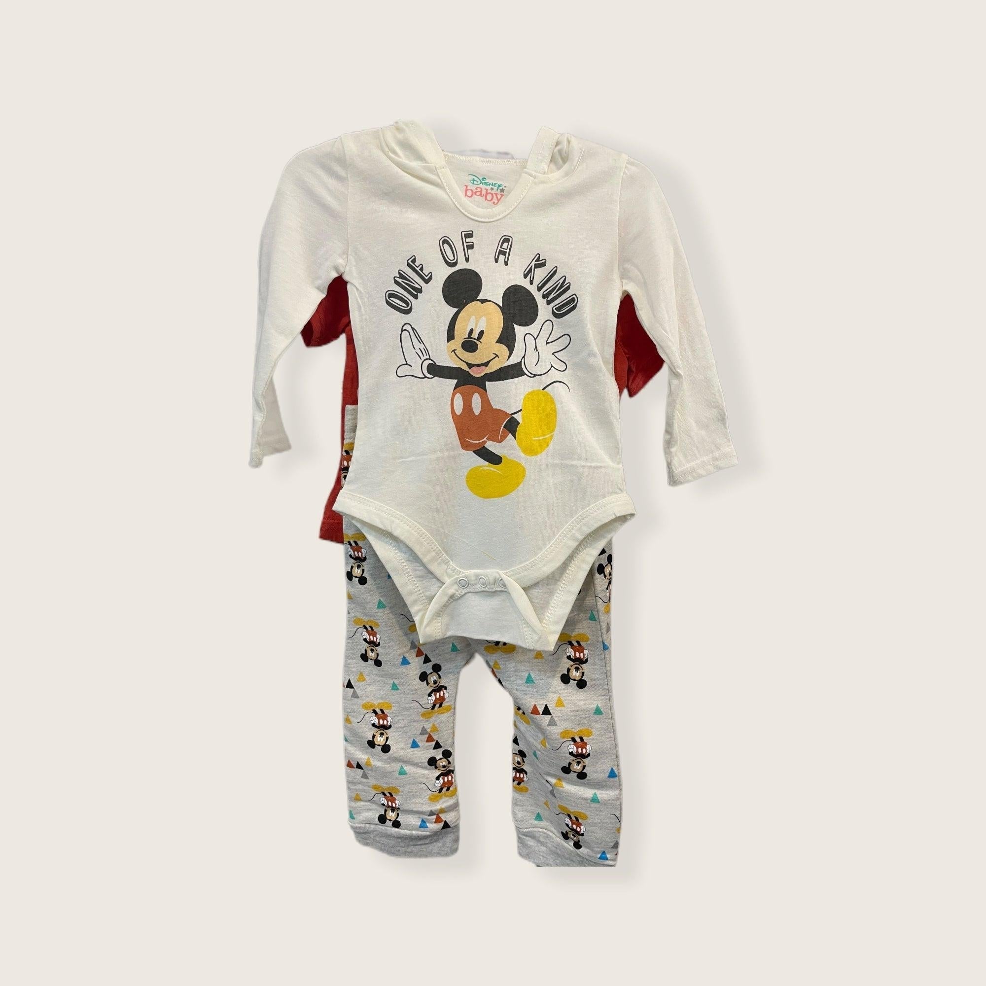 Disney Mickey Mouse 3 Pack Jogger, Onesie with Hood and Ears , and T-Shirt Set, Bodysuit Bundle for Baby
