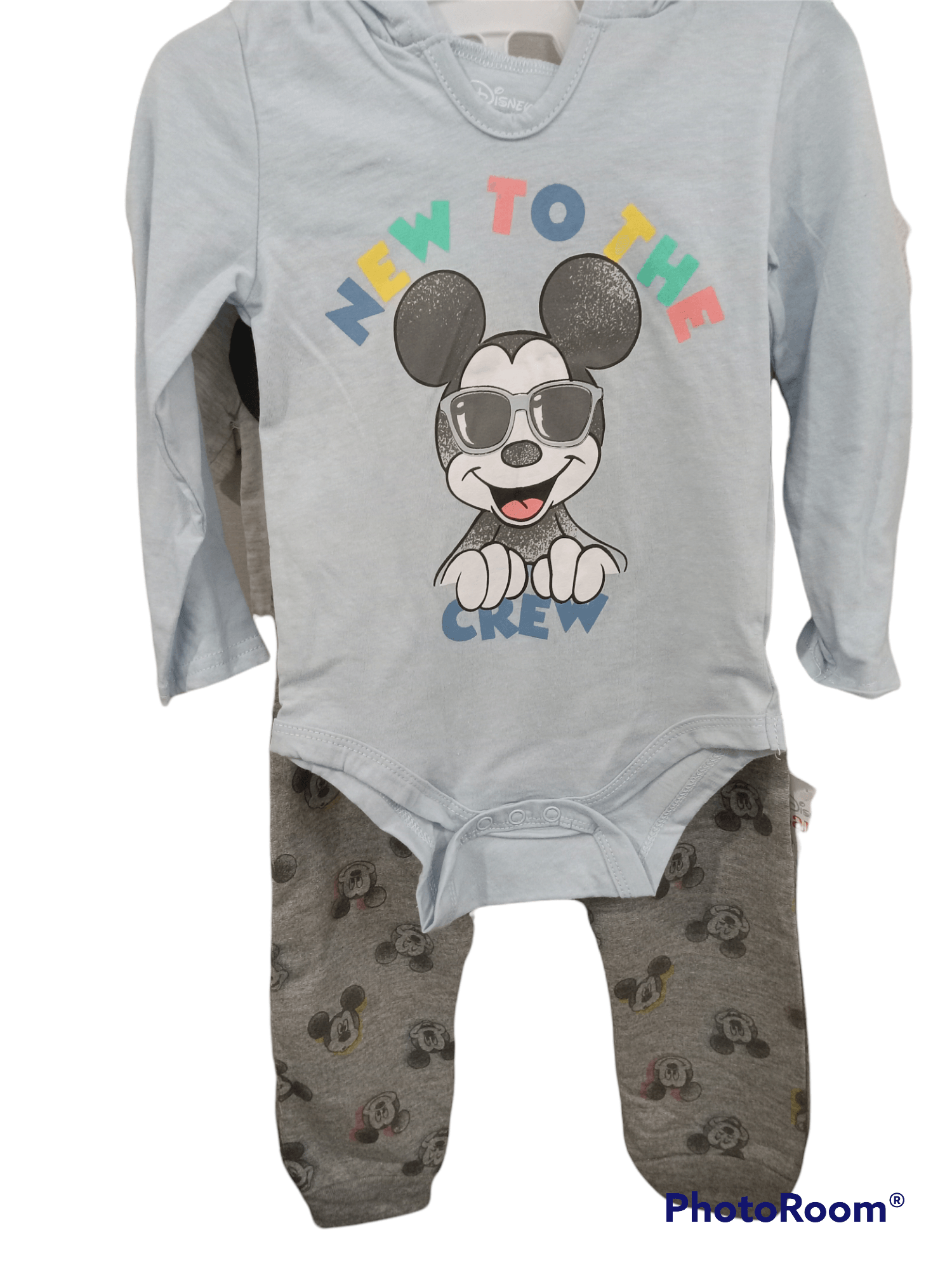 Disney Mickey Mouse Blue 3-Pack Jogger, Onesie with Hood and Ears, and T-Shirt Set, Bodysuit Bundle for Baby
