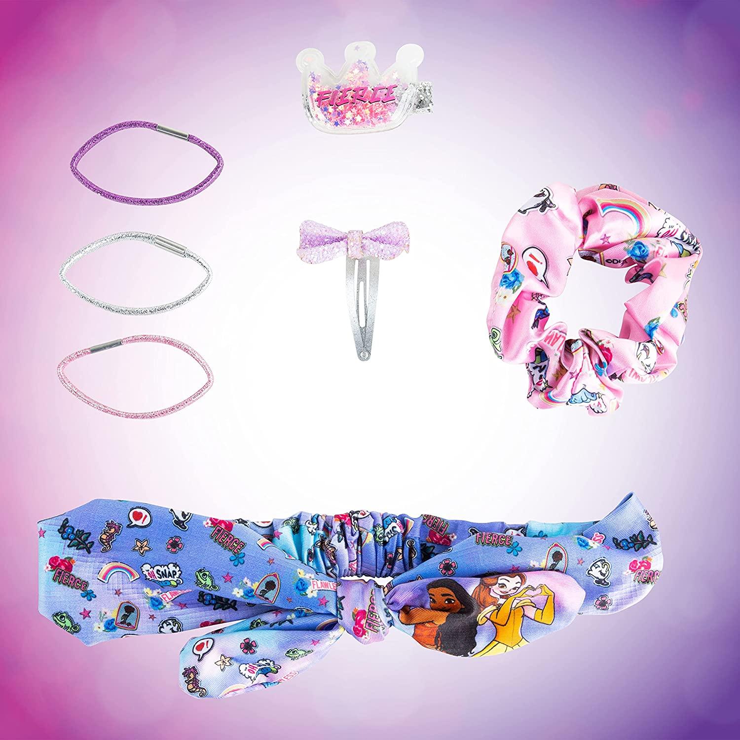 Disney Princess Hair Accessories Handbag - Exclusive Princess Accessory Bag - 7 Pcs Hair Styling Set - 2 Hair Clips - 1 Graphic Designed Scrunchie - 3 Sparkly Pony Holders