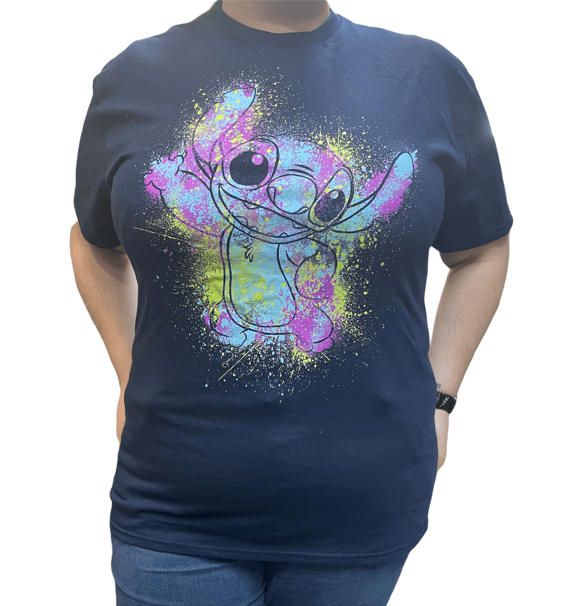 Disney Stitch Neon Paint Splatter Unisex Adult T-Shirt Navy