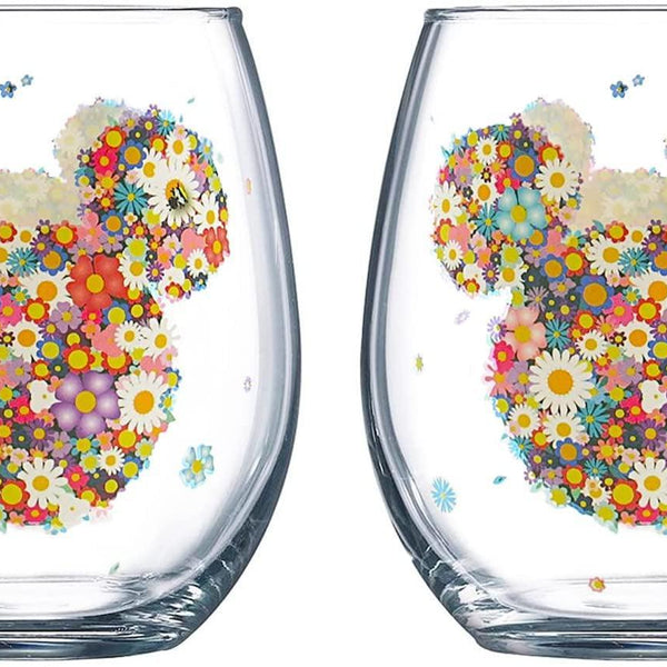 Floral Mickey Mouse Stemless Drinking Glasses 14.5 oz, 2 Pack