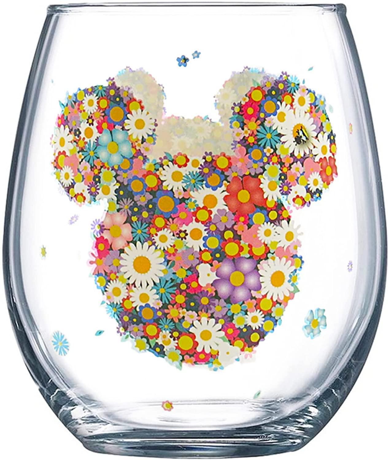 Floral Mickey Mouse Stemless Drinking Glasses 14.5 oz, 2 Pack