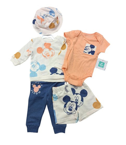 Mickey Mouse Baby Boy 5 Pcs Set Peach, White & Blue