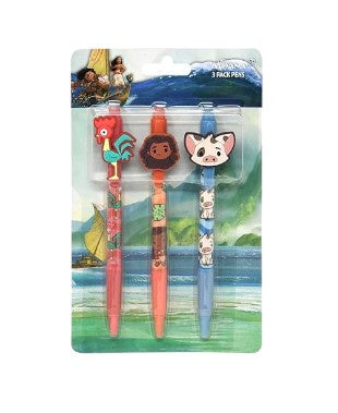 Moana 3pk Pens with Rubber Character Clip on Card