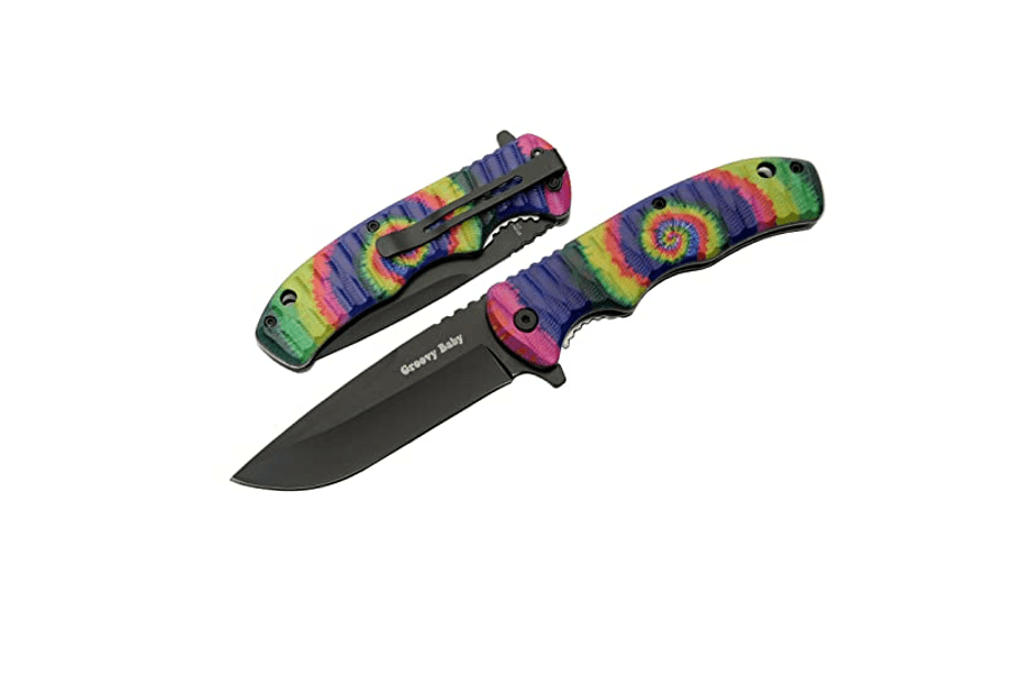 Multicolored Spiral Tie Dye Open Folding Knife With Pocket Clip 4.75"