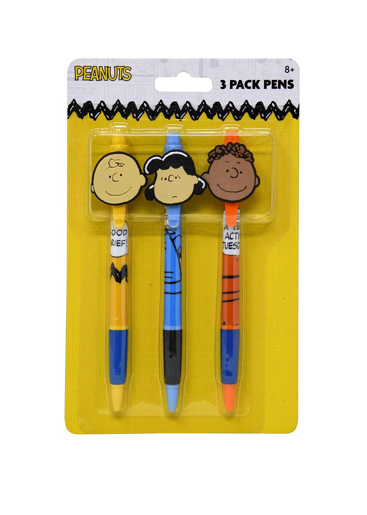 Peanuts 3pk Pens with Rubber Character Clip on Card