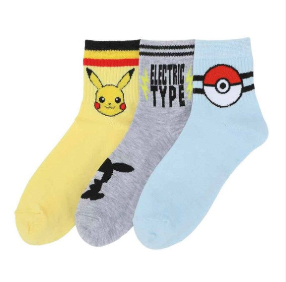 Pokémon Pikachu Electric Type 3 Pair Quarter Crew Socks