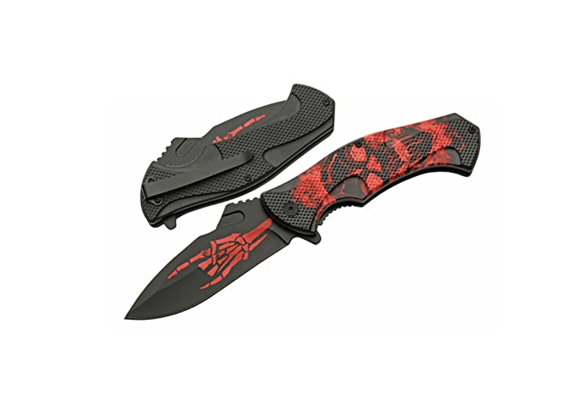 Red Skull Open Folding Knife with Pocket Clip