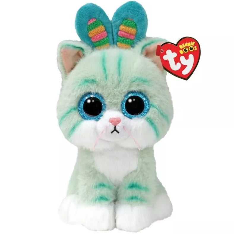 TY Easter "Gumdrop" Teal Cat w/ Bunny Ears Regular Beanie Boo Toy