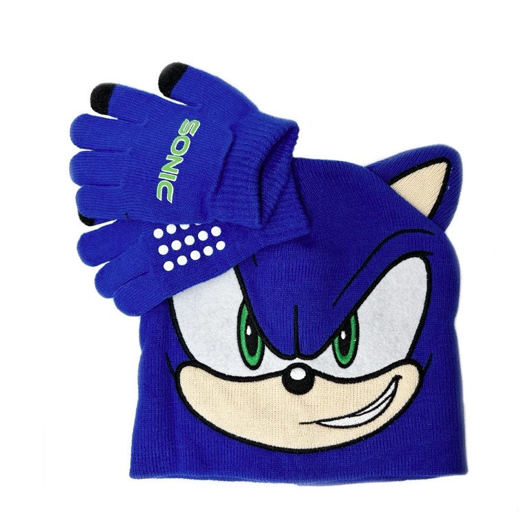 Sonic Face Knit Hat & Gloves Kids Blue Set 3D Ears