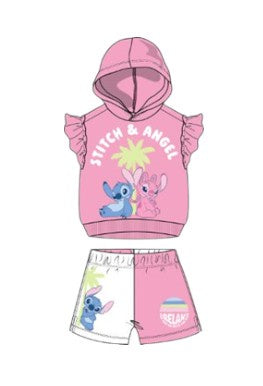 Stitch & Angel Hooded Baby Girls 2Pc Short Set Pink