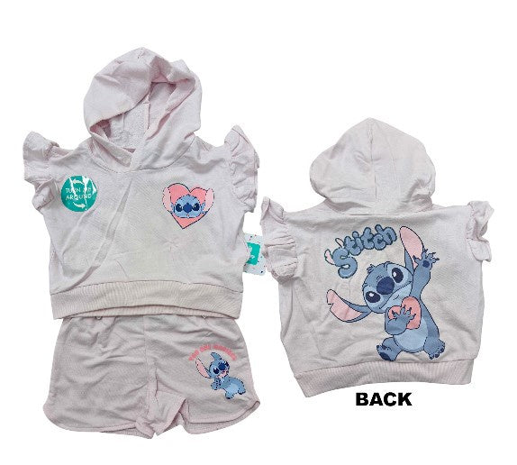 Disney Stitich Hooded Baby 2Pc Short Set Light Pink