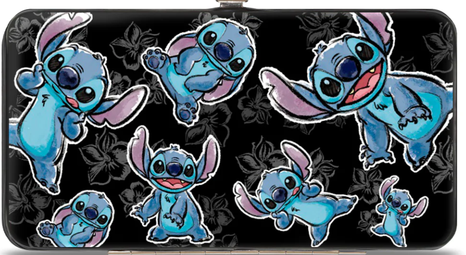 Stitch 3-Poses Scattered Hibiscus Sketch Hinged Wallet .
