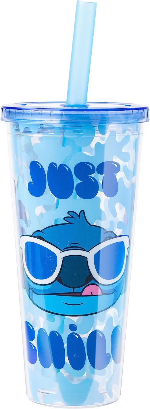 Silver Buffalo Lilo and Stitch Just Chill Plastic Boba Tumbler w Lid and Straw