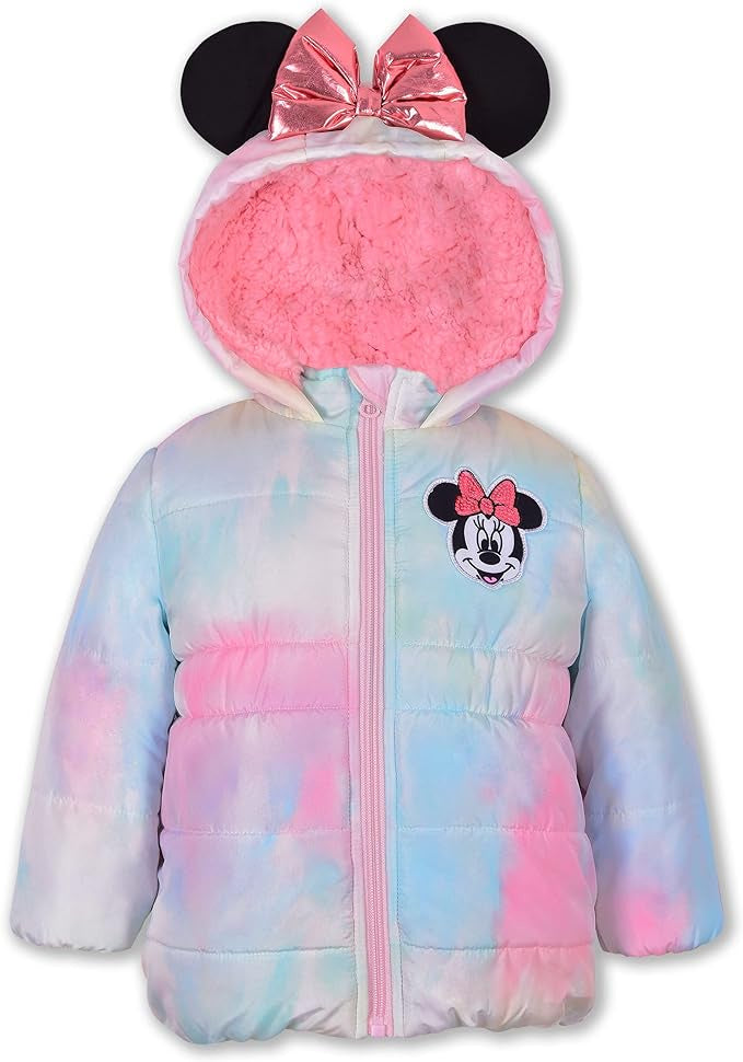 Disney Girl's Minnie Print Hooded Puffer Jacket W Ears & Bow