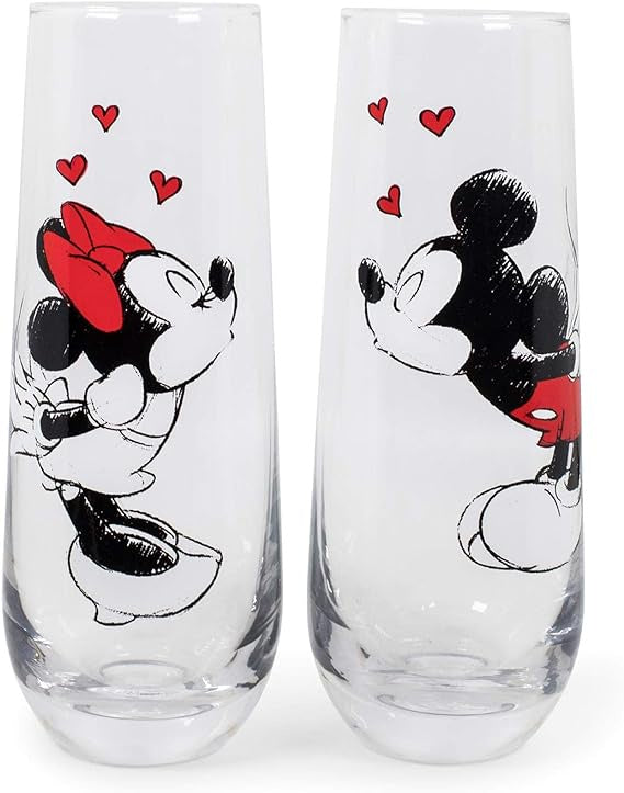 Mickey and Minnie Kiss Hearts 9oz Stemless Fluted Glassware Set of 2
