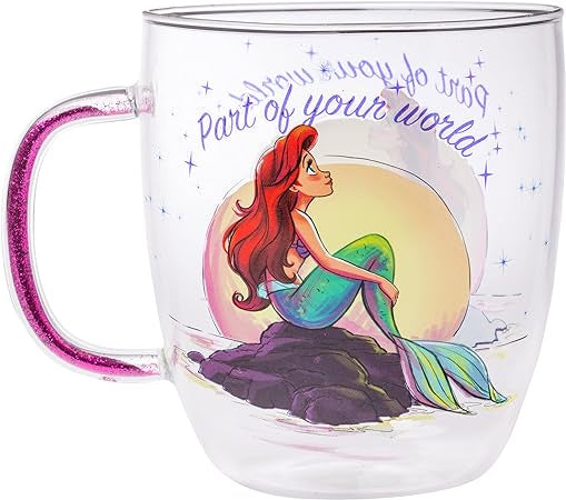 Ariel Little Mermaid Part of Your World Glitter Handle Glass Mug 14oz