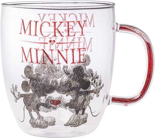 Mickey and Minnie Kiss and Heart Hands Glitter Handle Glass Mug 14oz