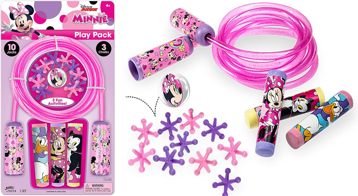 Minnie Mouse Toy Bundle Set Plastic Jump Rope, Jacks Game & Sidewalk Chalk