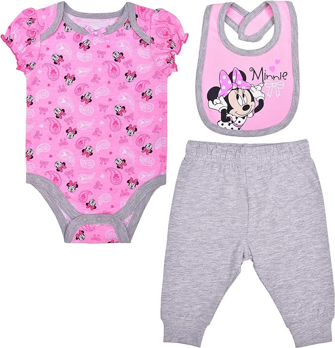 Disney Baby Girls' 3 Pack Minnie Bodysuit,Pant & Bib Set