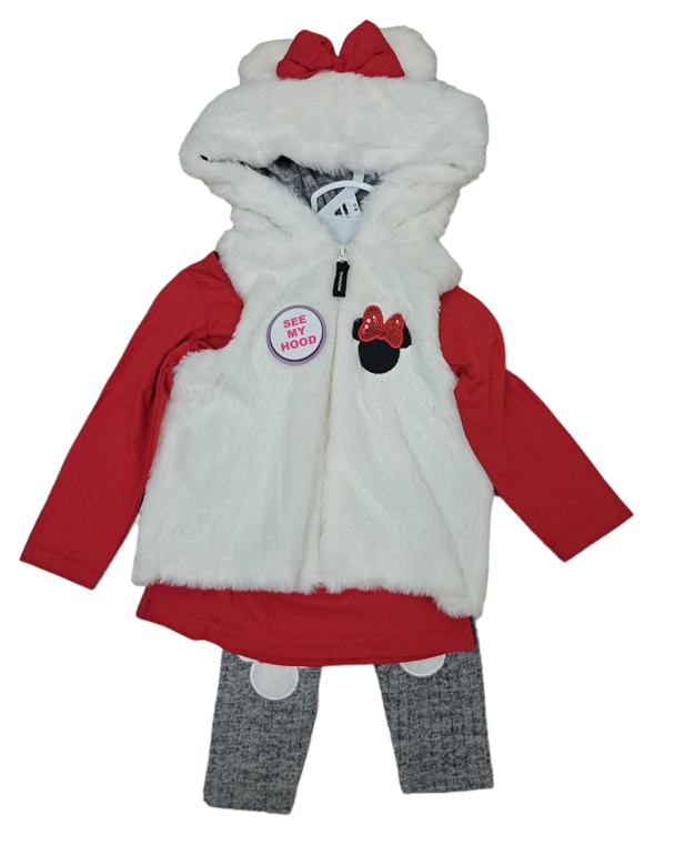 Disney Girl’s 3 Set Minnie Faux Fur Jacket Hooded W Tee & Pant