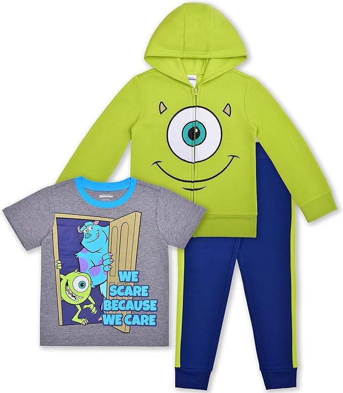 Disney Monsters Inc Boys Mike and Sully T-Shirt, Zip Up Hoodie and Jogger Pants Set for Little Kids