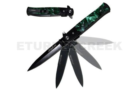 Tactical Stiletto Folding Knife- Green Pearl Handle 5"