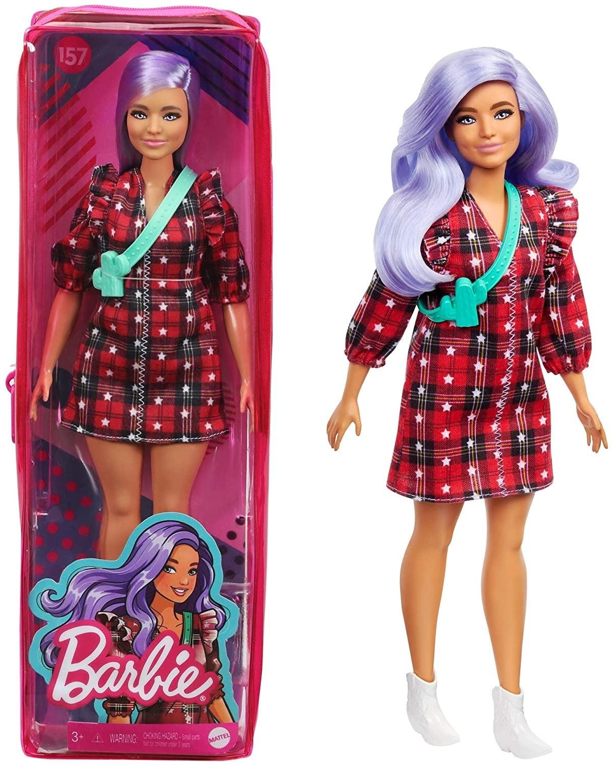 Barbie Fashionistas Doll #157 Curvy with Lavender Hair Wearing Red Plaid Dress