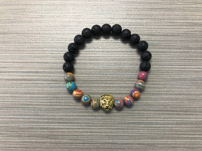 Genuine Lava Rock With Swirl Color& Lion Beads Bracelet