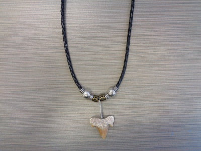 Shark Tooth Necklace - Black Cord with Silver and Brass Beads