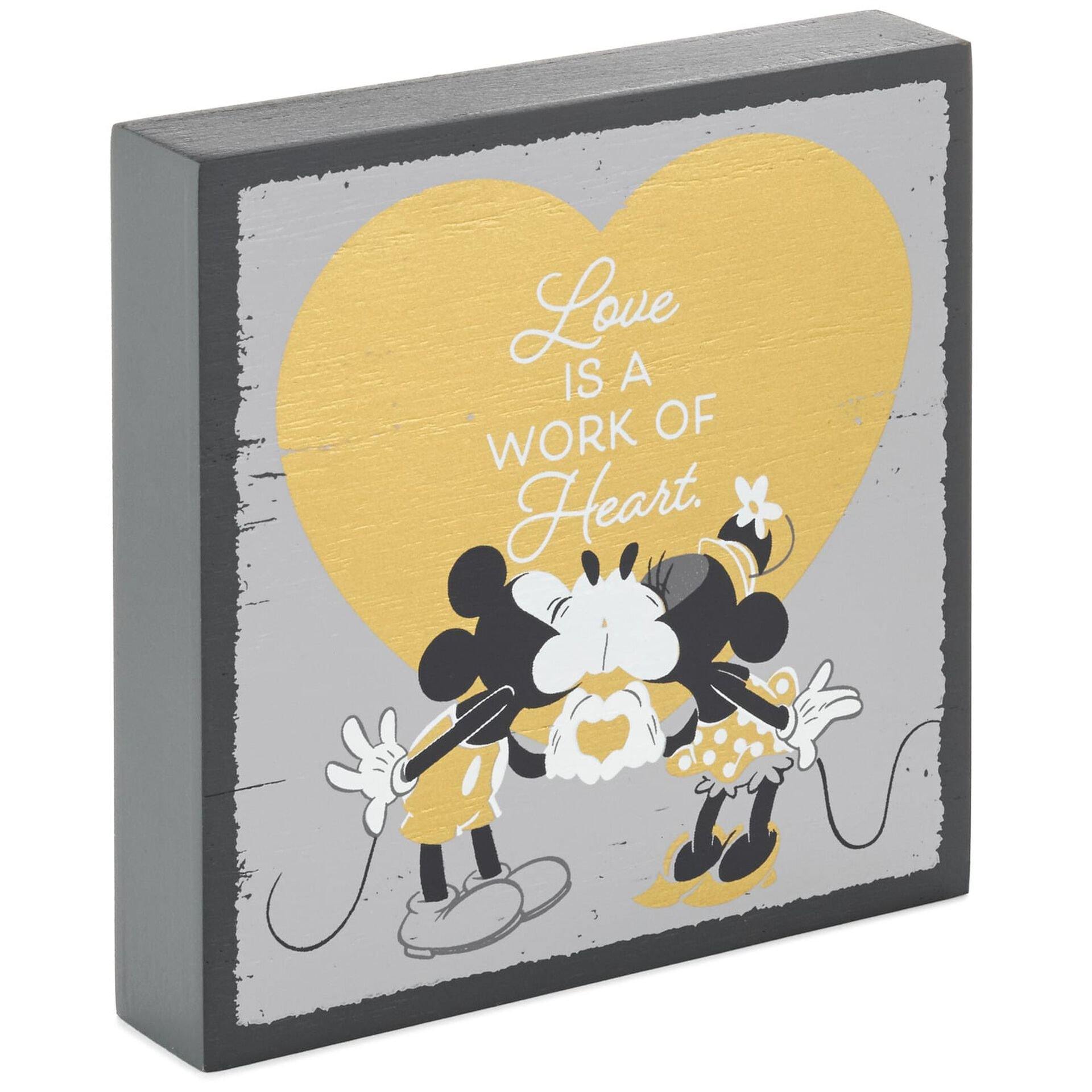 Disney Mickey and Minnie Work of Heart Wood Quote Sign, 5x5