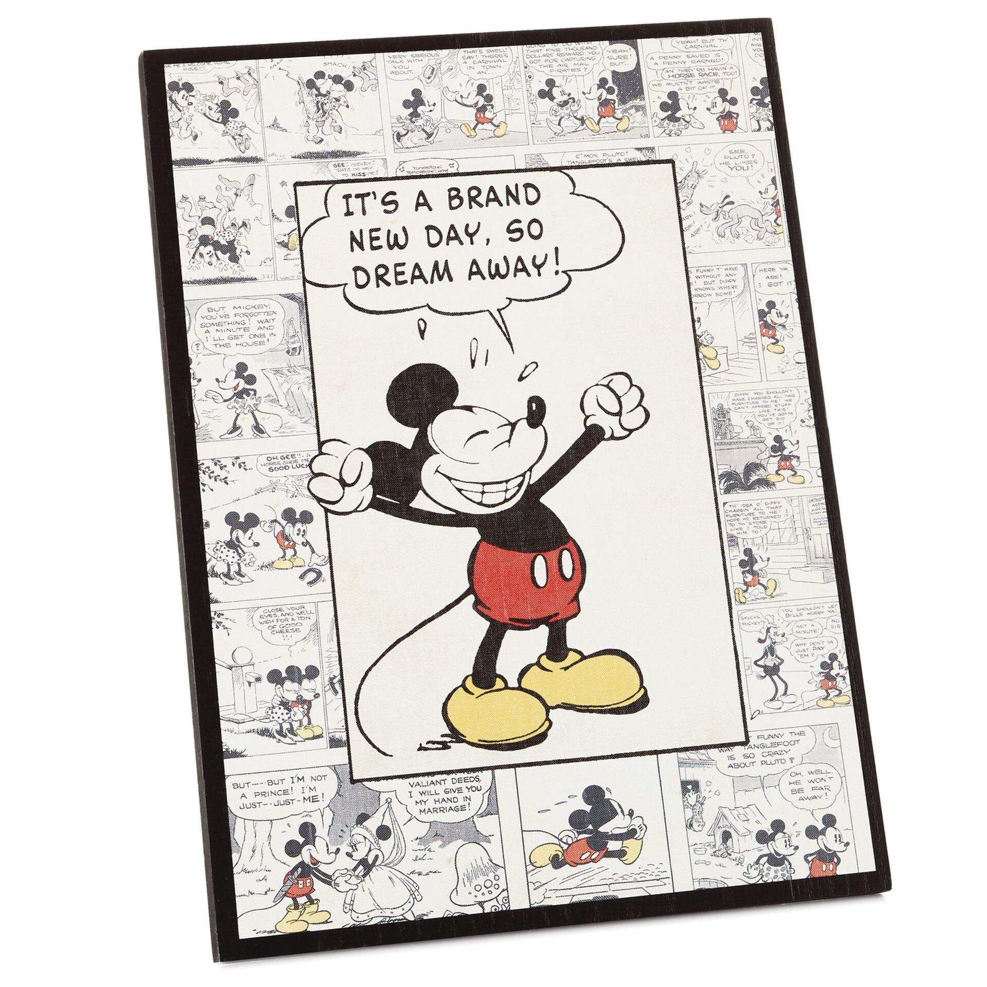 Disney Mickey Mouse New Day Comic Strip Wood Quote Sign, 8.8X11.8