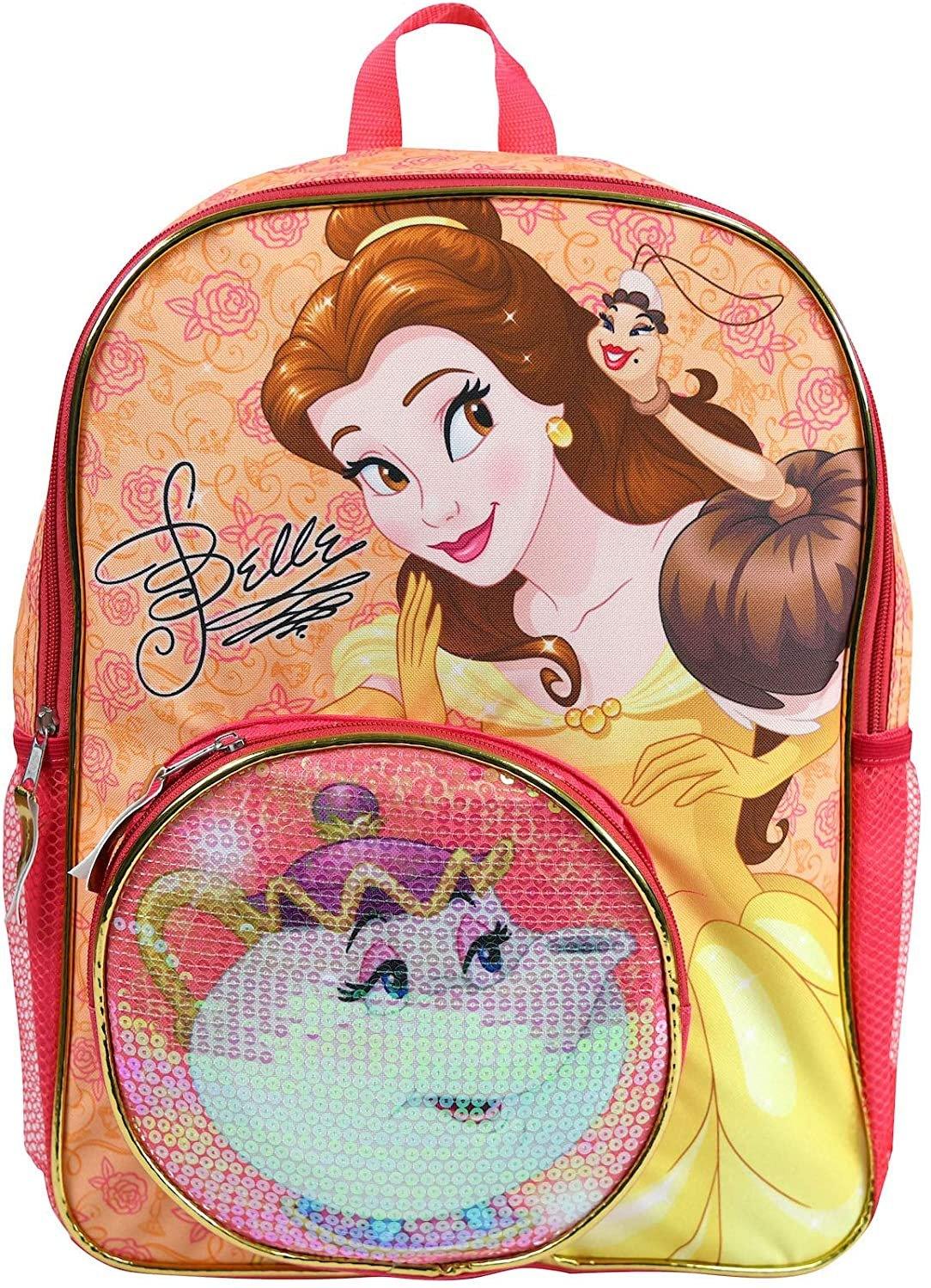 Disney Princess Belle With Mrs. Potts Sequins on Front Pocket 16" Backpack