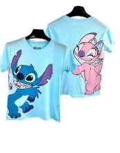 Disney Stitch And Angel  Junior Short Sleeve Blue Shirt