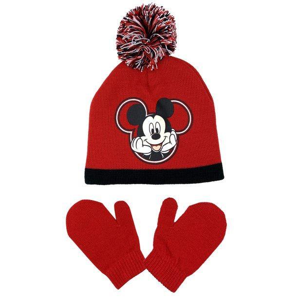 Elegant Headwear Toddler Boy Beanie Hat With Mittens Winter Accessory Set, Mickey Mouse Red, 8"