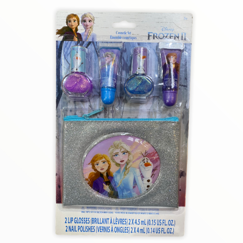 Frozen II Cosmetic Set 2 Nail Polish 2 Lip Gloss and Cosmetics Bag