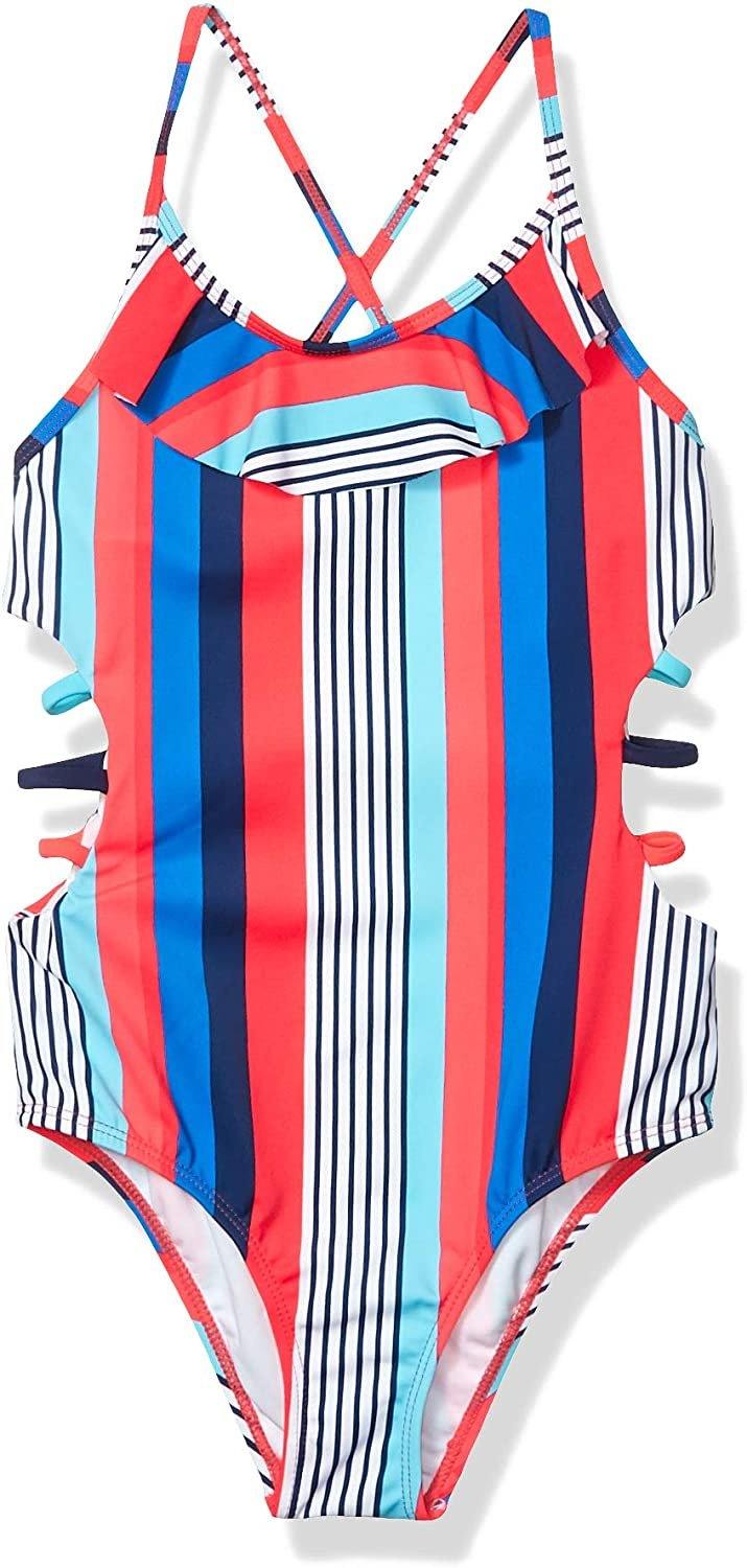 Girl's Striped Cutout Criss Cross Back One Piece Swimsuit
